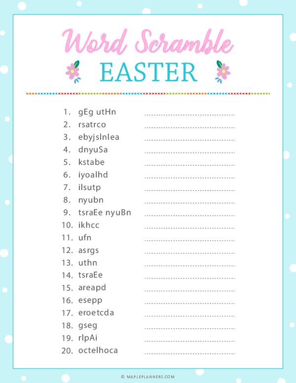 Easter Word Scramble Puzzle Printable