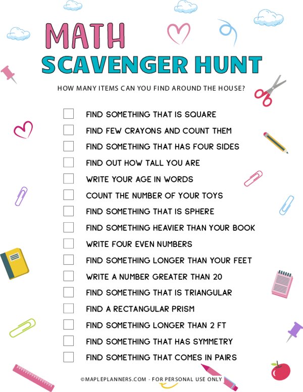 Math Scavenger Hunt Game Printable Fun Activities for Kids