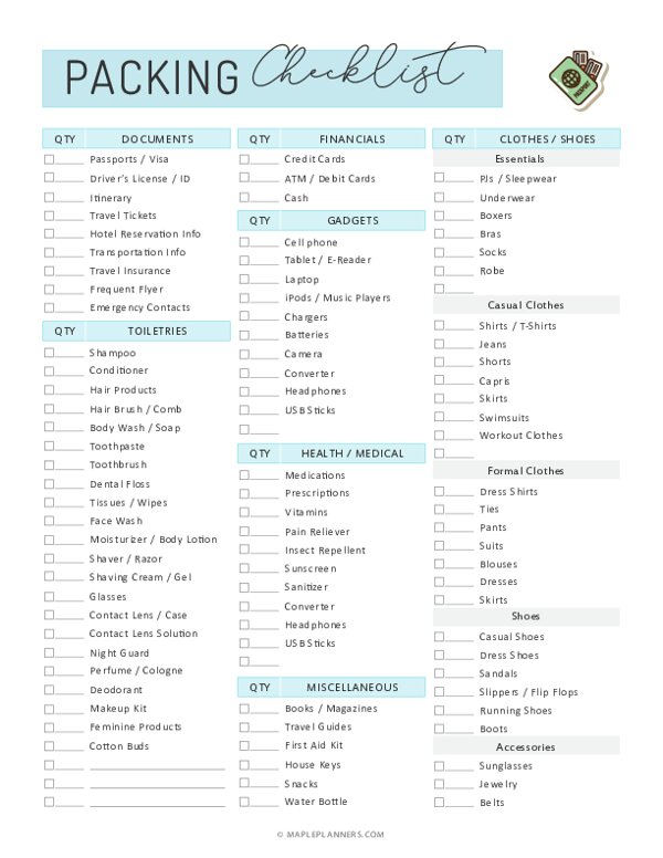 travel packing checklist excel