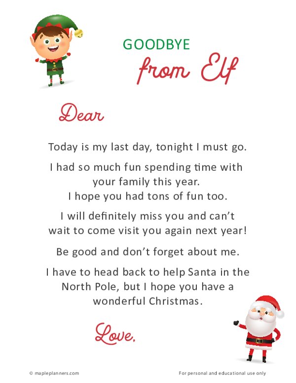 Goodbye from Elf on the Shelf Letter