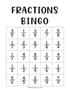 Fractions Bingo