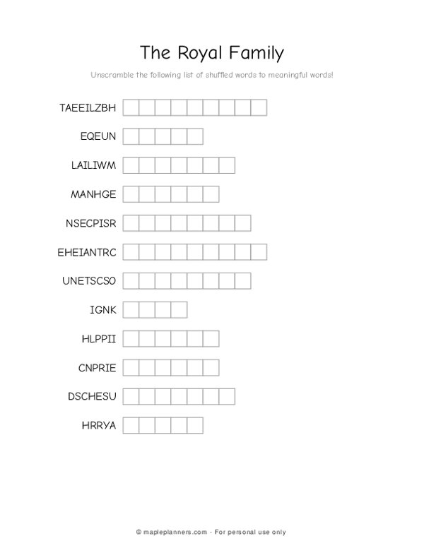 The Royal Family Word Scramble