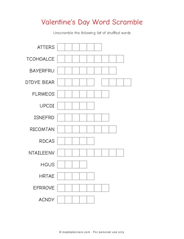 Valentines Day Word Scramble