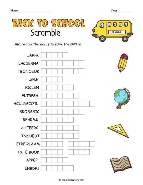 Back to School Word Scramble