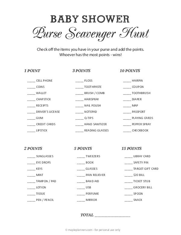 Baby Shower Purse Scavenger Hunt