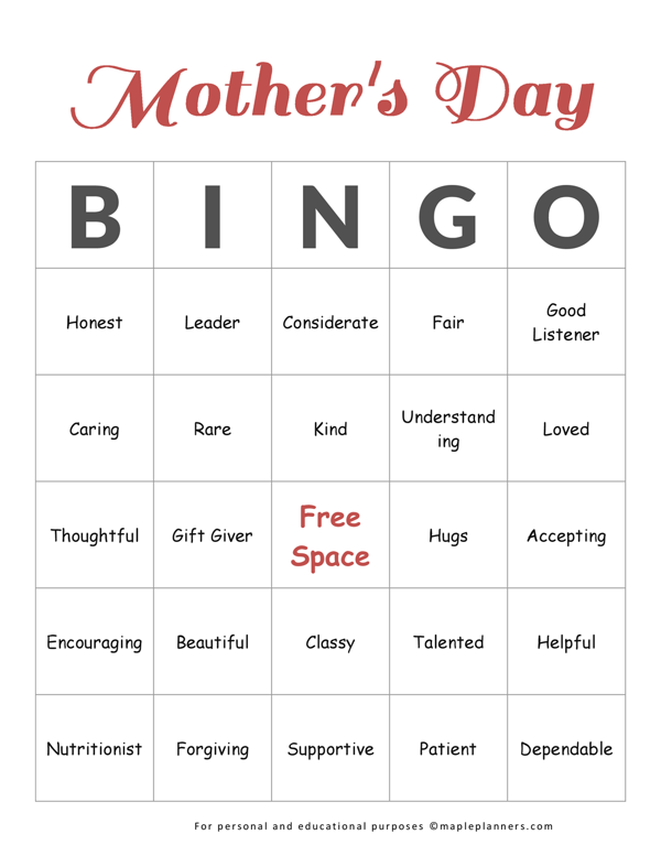 Mothers Day Bingo