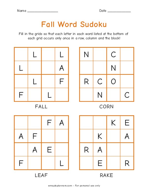 Fall Word Sudoku for Kids