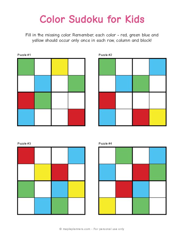 Easy 4X4 Sudoku puzzle game for kids - 20 pages printable worksheet