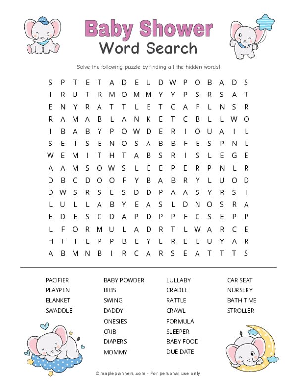 Printable Baby Shower Word Search with Answer Key 