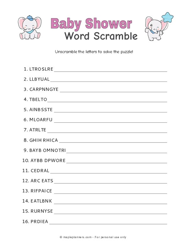 Baby Shower Word Scramble