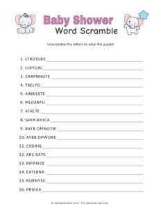 Baby Shower Word Scramble