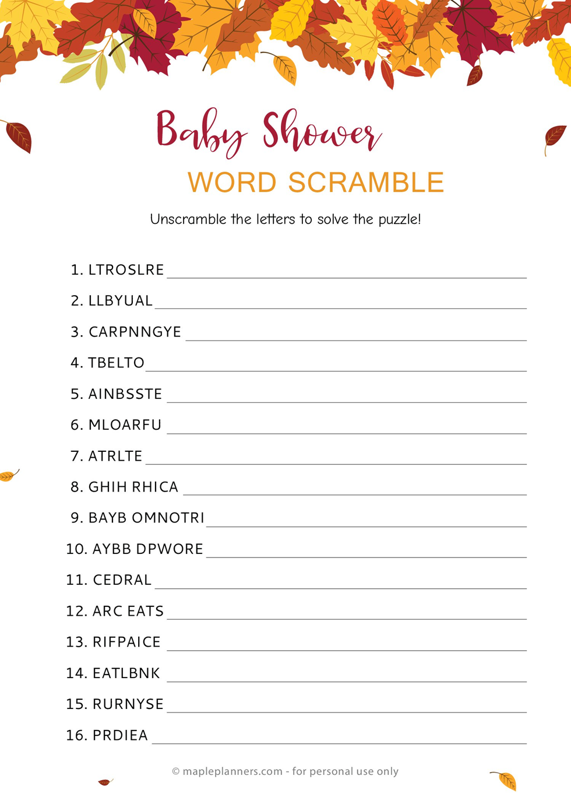 Fall Baby Word Scramble