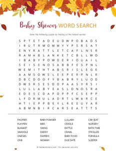 Fall Baby Shower Word Search