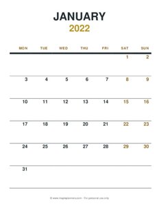 January 2022 Monthly Calendar - Monday Start