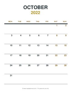 October 2022 Monthly Calendar - Monday Start