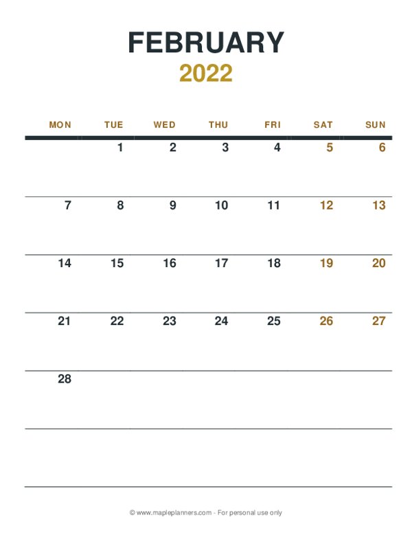 February 2022 Monthly Calendar - Monday Start