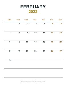 February 2022 Monthly Calendar - Monday Start