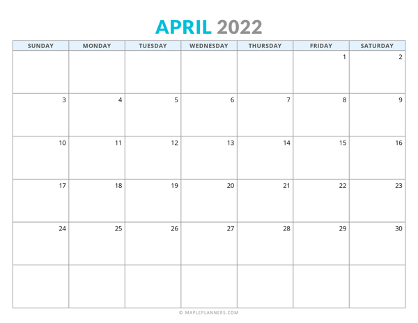 April 2022 Calendar (Horizontal)