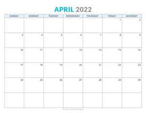 April 2022 Calendar (Horizontal)
