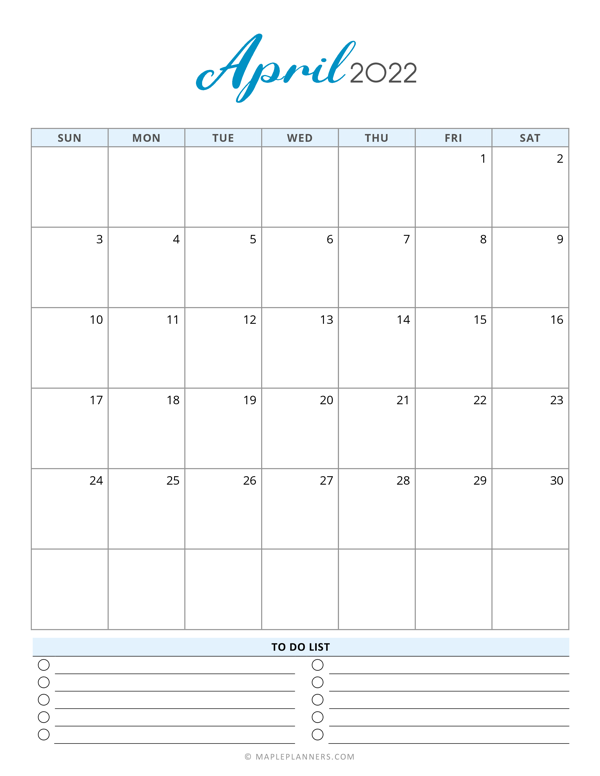 Free Printable April 2022 Calendar Template