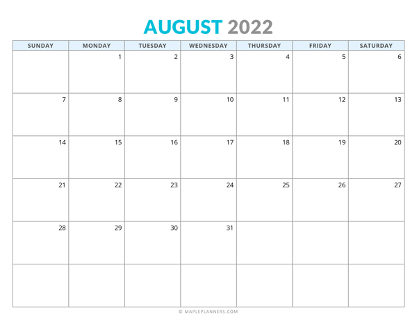 August 2022 Calendar (Horizontal)