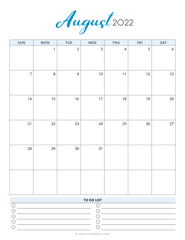 August 2022 Calendar Template