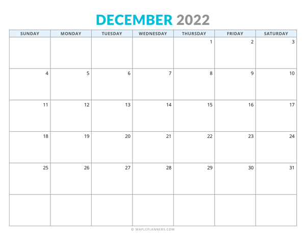 December 2022 Calendar (Horizontal)