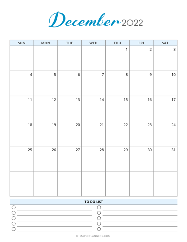 December 2022 Calendar Template