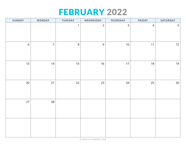 February 2022 Calendar (Horizontal)
