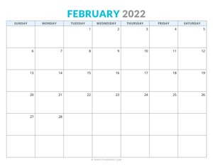 February 2022 Calendar (Horizontal)