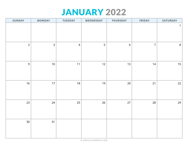 January 2022 Calendar (Horizontal)