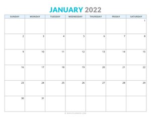 January 2022 Calendar (Horizontal)