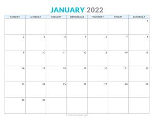 January 2022 Calendar (Horizontal)