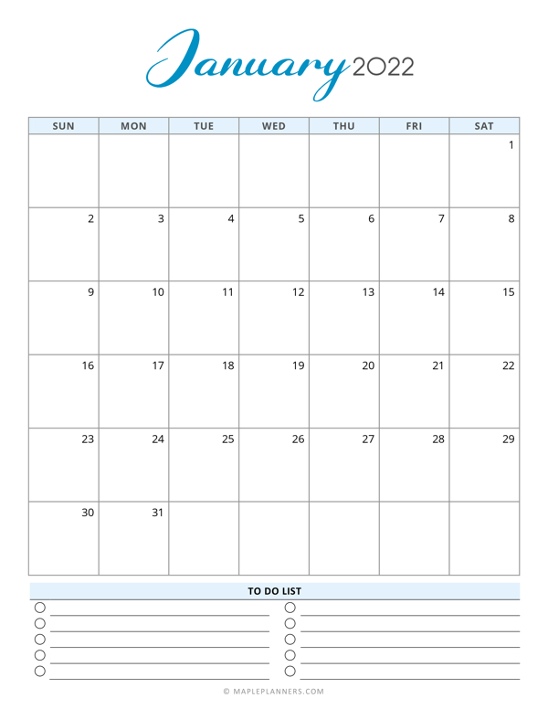 Free Printable January 2022 Calendar Template