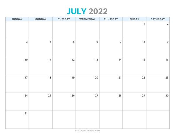 July 2022 Calendar (Horizontal)