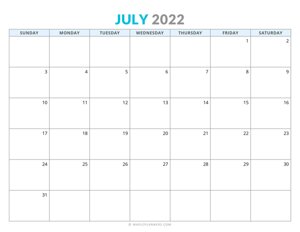 July 2022 Calendar (Horizontal)