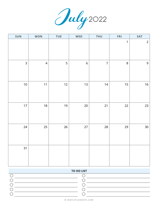 July 2022 Calendar Template