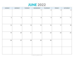 June 2022 Calendar (Horizontal)