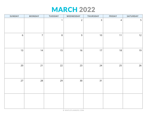 March 2022 Calendar (Horizontal)