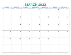 March 2022 Calendar (Horizontal)