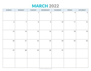 March 2022 Calendar (Horizontal)