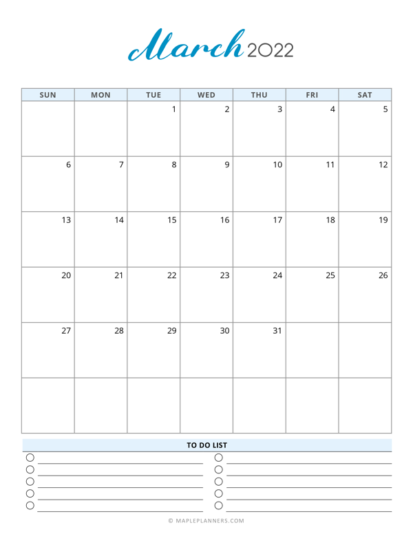 March 2022 Calendar Template