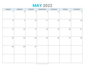 May 2022 Calendar (Horizontal)