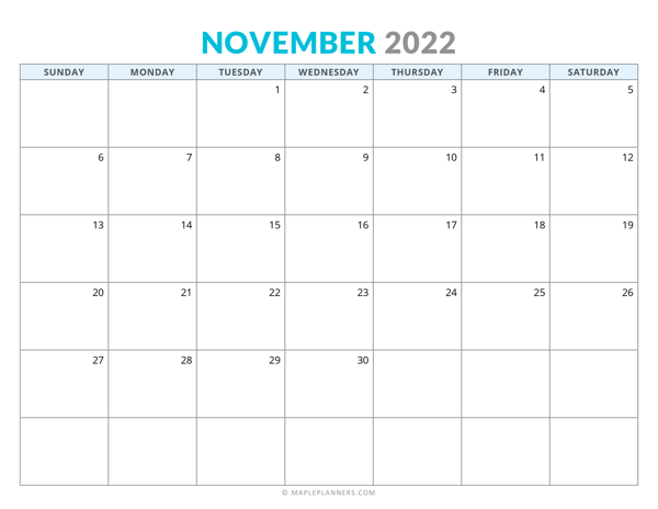 November 2022 Calendar (Horizontal)