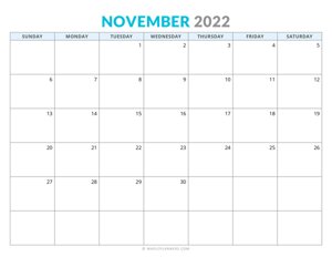 November 2022 Calendar (Horizontal)