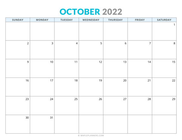 October 2022 Calendar (Horizontal)