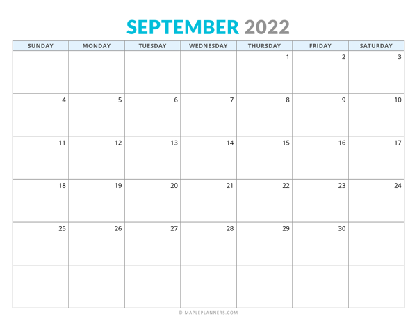 September 2022 Calendar (Horizontal)