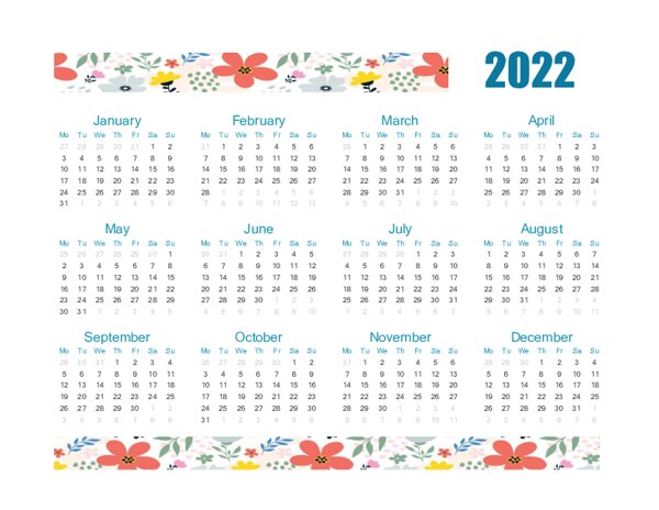 2022 Year at a Glance Template ( Monday Start)