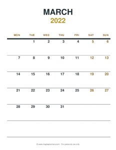 March 2022 Monthly Calendar - Monday Start