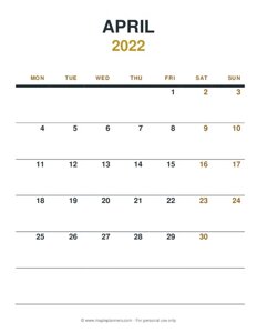 April 2022 Monthly Calendar - Monday Start
